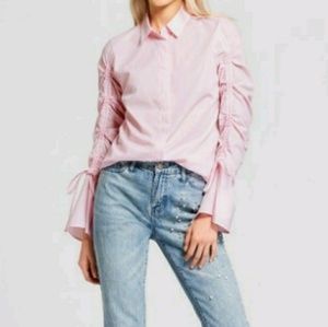 Cotton Blended Long Raffle/Bell Sleeve Strip Shirt